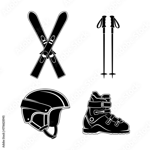 Vector art of ski equipment, including skis, poles, helmet, and boots, representing winter sports and recreational gear