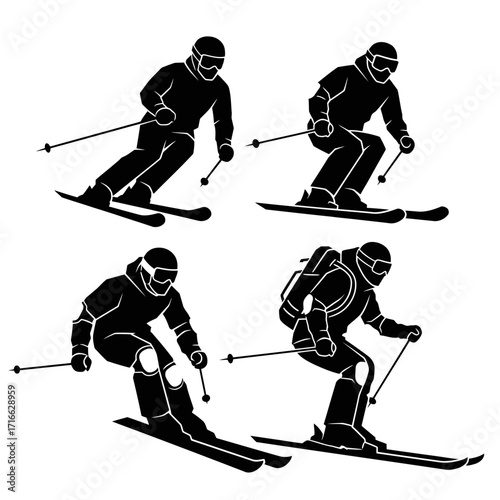 Vector art of four skiers in silhouette skiing downhill, a dynamic representation of winter sports and recreational activity