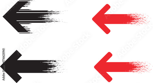 Vector set of black and red left-pointing arrows with dynamic dissolving grunge effects, depicting speed and motion.