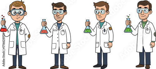 Male scientists wearing lab coat holding flask with chemical liquid, cartoon researchers working in laboratory, science experiment, chemistry, research, education illustration