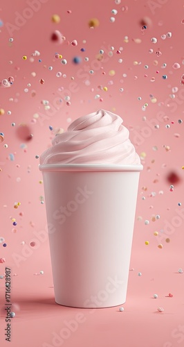 Pink beverage cup with whipped cream and sprinkles