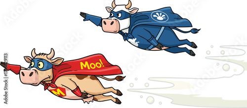 Two superhero cows flying, cartoon farm animals with capes, funny comic cow characters, livestock heroes illustration, creative mascot design for kids