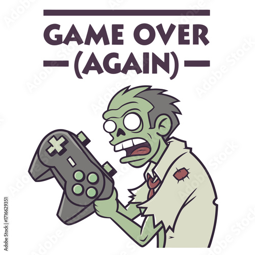 Funny Halloween Zombie Gamer Vector Illustration with Game Over Message, Cartoon Undead Character Playing Video Game with Controller, Spooky Gaming Design for Halloween