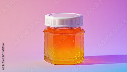 Octagonal jar of orange liquid, white lid