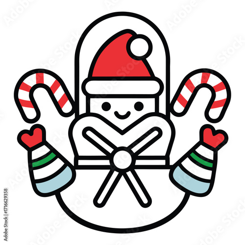 Cute cartoon snowman character with candy canes and festive mittens