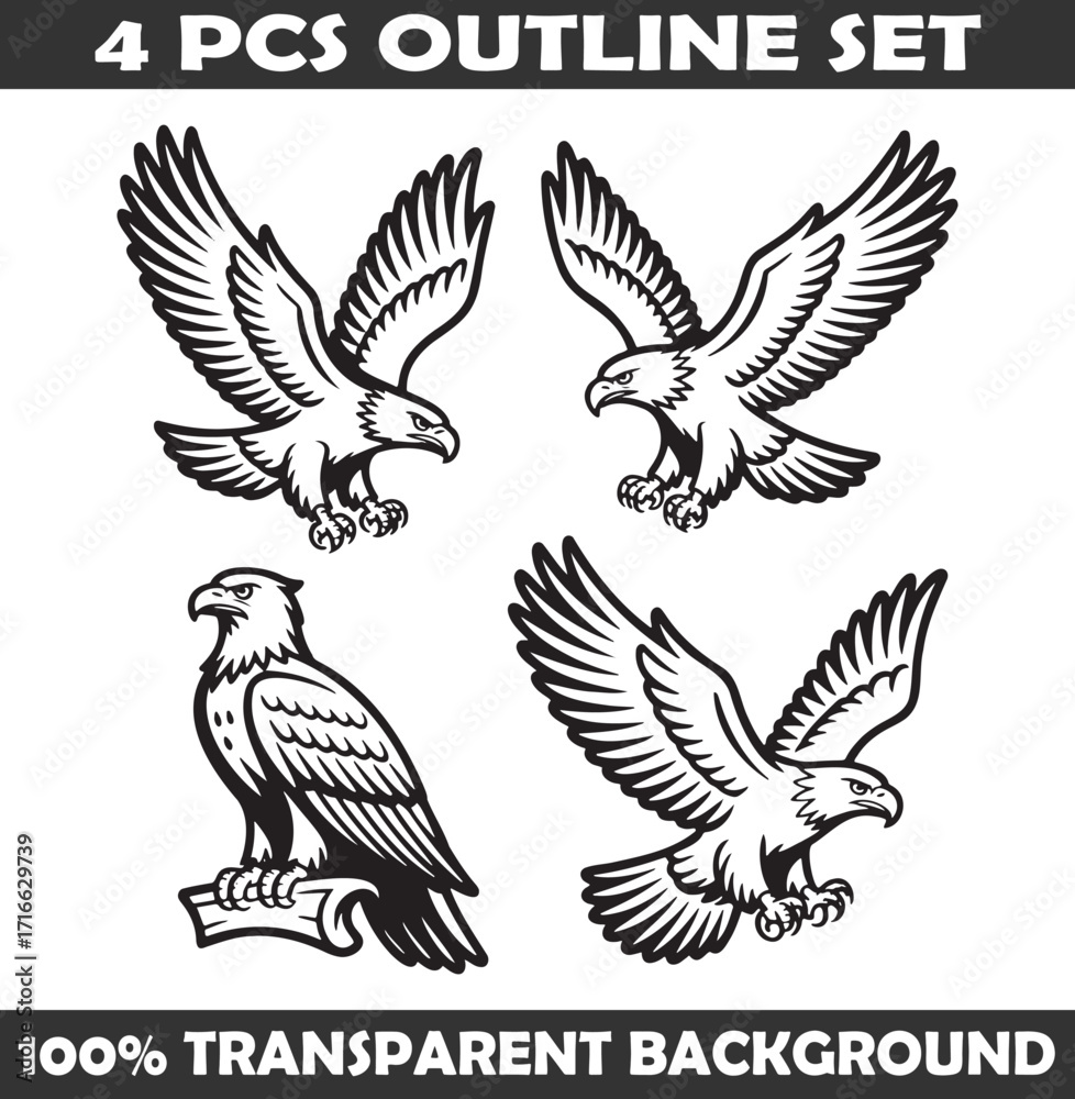 Fototapeta premium Set of Eagle Outline vector illustration isolated On Transparent Background