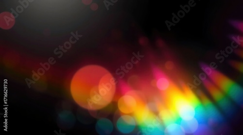 Blurred rainbow refraction overlay effect. Light lens prism effect on black background. Holographic reflection, crystal flare leak shadow overlay. Colorful rainbow disco ball light