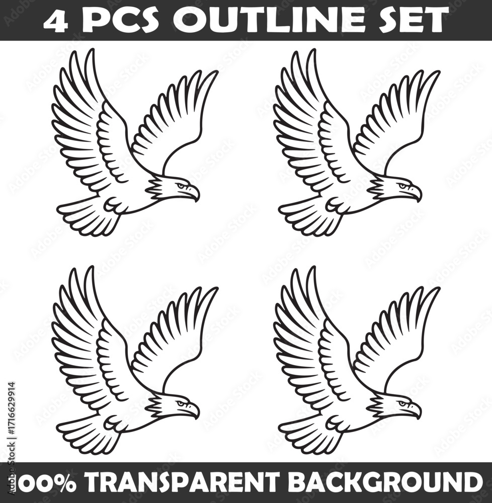 Fototapeta premium Set of Eagle Outline vector illustration isolated On Transparent Background