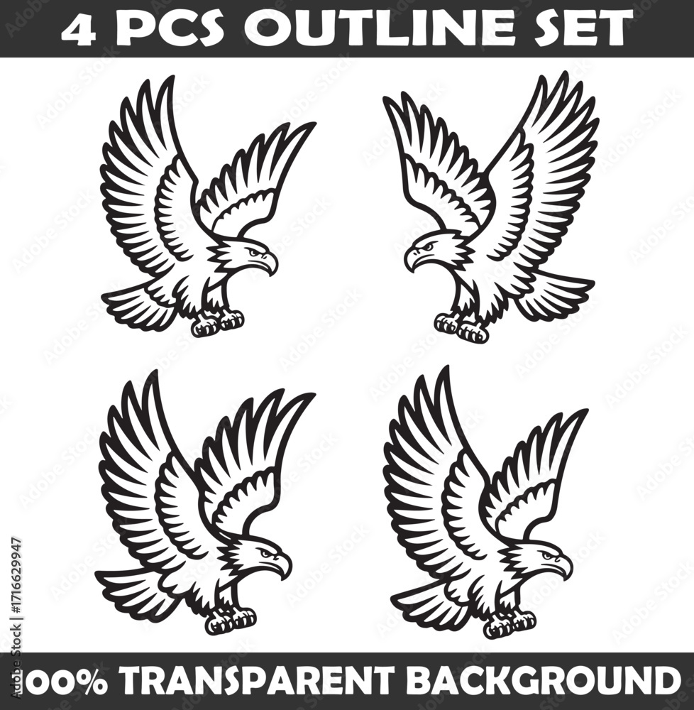 Fototapeta premium Set of Eagle Outline vector illustration isolated On Transparent Background
