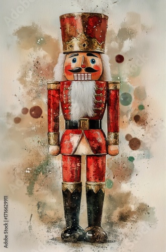 Colorful Nutcracker Figure With Festive Decoration and Snowflakes in the Background.