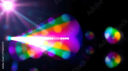 Blurred rainbow refraction overlay effect. Light lens prism effect on black background. Holographic reflection, crystal flare leak shadow overlay. Colorful rainbow disco ball light