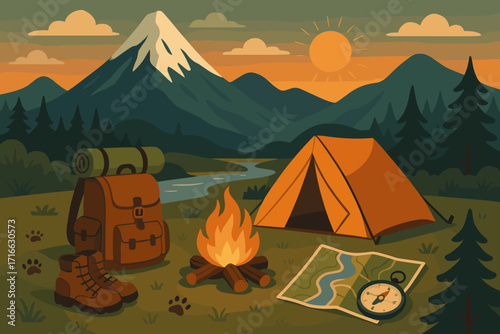 A picturesque, inspiring scene of camping in the mountains at sunset, rendered in a bright, flat vector style with warm tones (orange, green, blue).