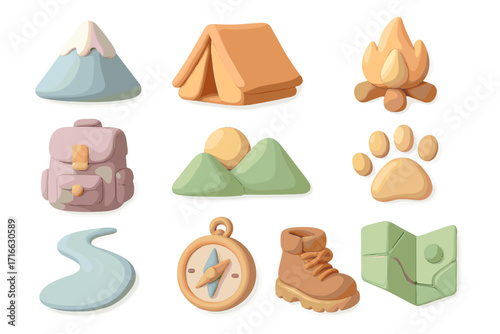 A set of cute 3D icons on the theme of camping and outdoor adventures, made in a warm, flat-volumetric style on a white background.