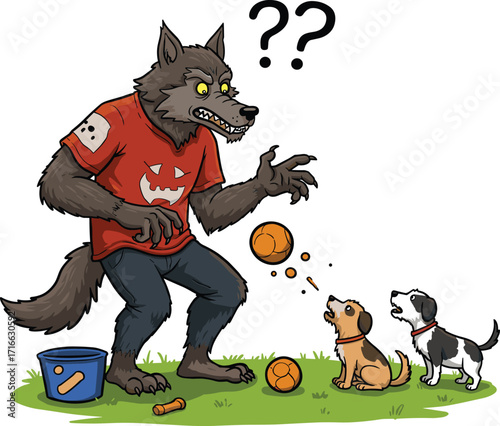 Funny cartoon werewolf playing with dogs and confused by bouncing balls, Halloween character illustration, humorous monster art for spooky party design