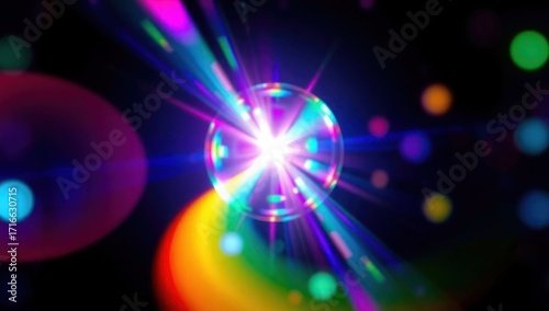 Blurred rainbow refraction overlay effect. Light lens prism effect on black background. Holographic reflection, crystal flare leak shadow overlay. Colorful rainbow disco ball light