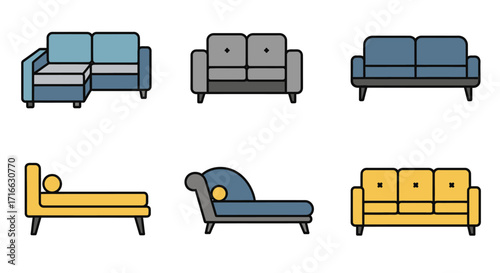 Collection of Six Colorful Modern Sofas and Couches in Various Styles and Designs.