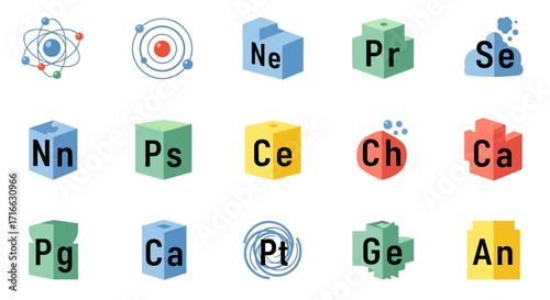 Colorful 3D Blocks Representing Chemical Elements and Atomic Structures.