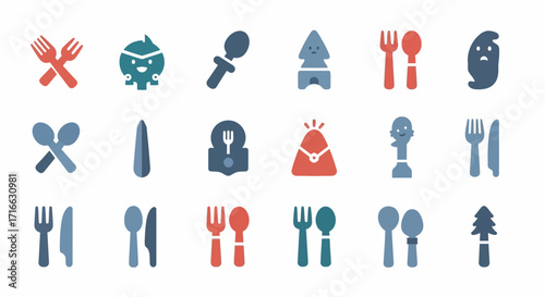 Colorful Assortment of Stylized Cutlery Icons in Various Arrangements and Designs.
