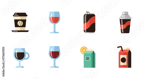 Colorful flat design beverage icons collection featuring coffee, wine, soda, and juice containers.