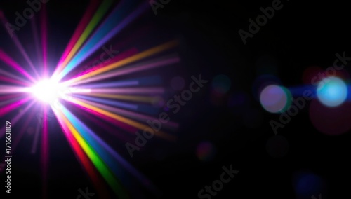 Blurred rainbow refraction overlay effect. Light lens prism effect on black background. Holographic reflection, crystal flare leak shadow overlay. Colorful rainbow disco ball light