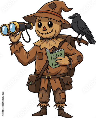Halloween scarecrow explorer illustration, spooky field guide cartoon, scarecrow with crow art, funny adventurer scarecrow, autumn harvest clipart, creepy Halloween design