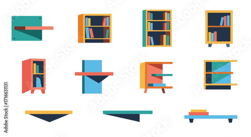Colorful flat design vector collection of diverse bookshelves and wall shelves.