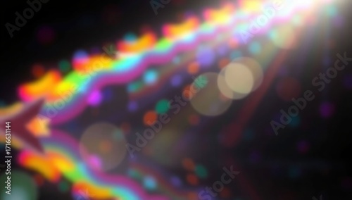 Blurred rainbow refraction overlay effect. Light lens prism effect on black background. Holographic reflection, crystal flare leak shadow overlay. Colorful rainbow disco ball light