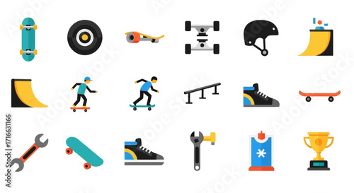 Colorful flat icon set of skateboarding gear, equipment, and park elements.