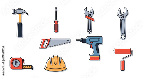 Colorful illustrated collection of construction and repair tools including a hammer, drill, saw, and hard hat.