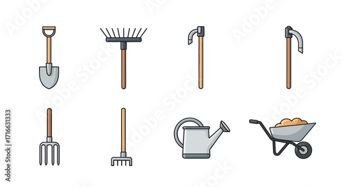 Colorful Illustrated Gardening Tools Collection - Shovel, Rake, Hoe, Fork, Watering Can, Wheelbarrow.