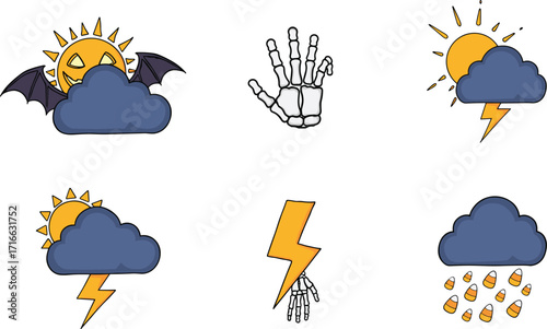 Halloween weather icons set, spooky forecast clipart, cartoon clouds and sun, jack-o-lantern, skeleton hand, candy corn rain, storm and lightning, funny Halloween design