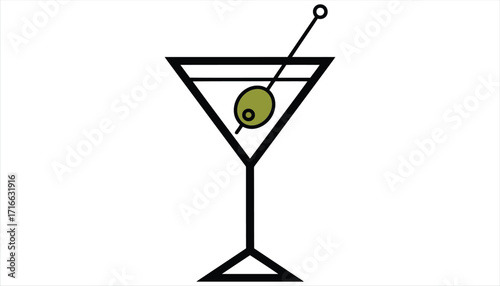Vector art of a minimalist martini glass illustration featuring an olive on a toothpick, a classic cocktail symbol in a simple and elegant design