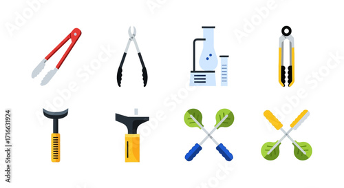 Colorful Vector Icon Set of Modern Kitchen Utensils and Gadgets, Including Tongs and Wine Tools.