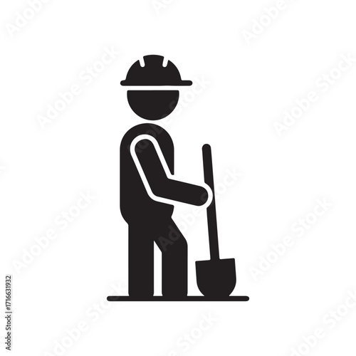 Worker in Hard Hat Holding Shovel Black Silhouette Icon