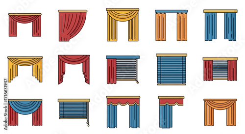 Colorful Vector Illustrations of Various Window Curtains and Blinds Designs.