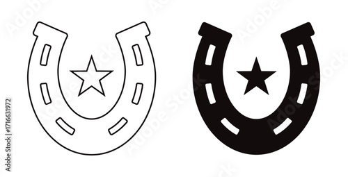Black and white horseshoe icon with star symbol inside, vector silhouette and outline design | Lucky symbol horseshoe icon | Lucky horseshoe illustration represents good luck illustration  