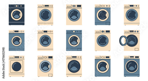 Diverse front-loading washing machines, flat vector illustrations, various colors and designs.