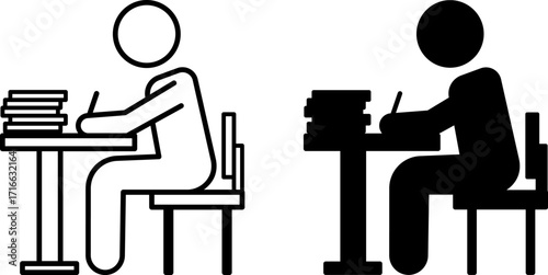 Study Icons. Black and White Vector Illustrations. Student Sitting at a Desk and Writing. Chair and Books. Teacher and Education Concept