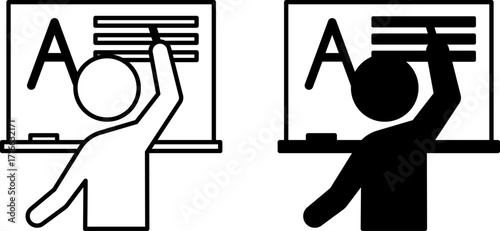 Teaching Icons. Black and White Vector Illustrations. Teacher Writing on a Chalkboard, Literature Lesson at School. Teacher and Education Concept