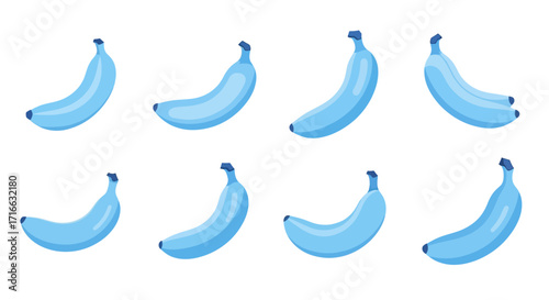 Eight Stylized Blue Bananas in Various Poses, Isolated on White Background.