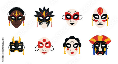Eight vibrant, diverse, and intricately designed ethnic tribal decorative masks with unique patterns.