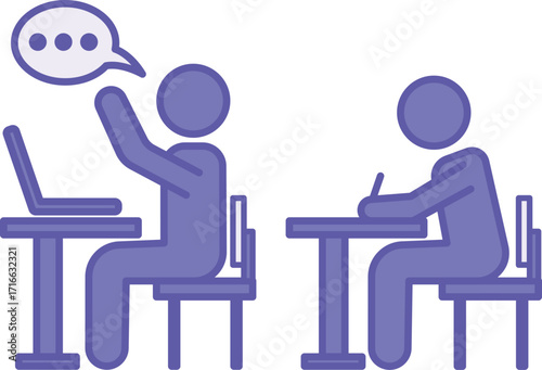 Colored Classroom Icon. Vector Illustration. Schoolchildren Sitting at Desks in Class. A Student with a Laptop Raises His Hand and Speaks, A Student Writes. Teacher and Education Concept