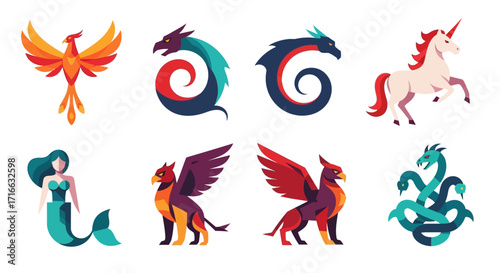 Mythical Creatures Set - Phoenix, Dragons, Unicorn, Mermaid, Griffins, Hydra.