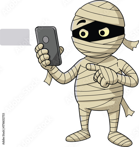 Funny mummy using smartphone, Halloween cartoon illustration, wrapped undead character texting, spooky monster with phone, creepy Halloween artwork, comic mummy design, scary but humorous cartoon