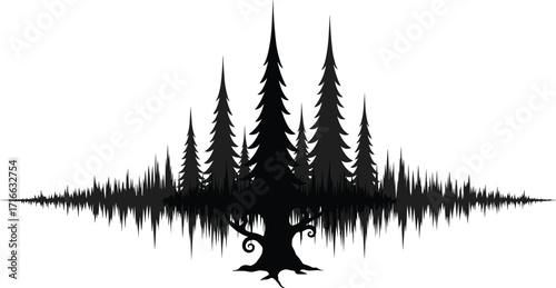 Forest soundwave silhouette, creative nature audio art, abstract tree design, sound waveform landscape, pine tree reflection artwork, music and nature fusion illustration