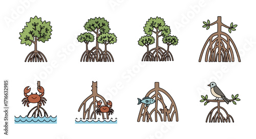 Stylized Mangrove Ecosystem Icon Set with Trees, Prop Roots, Crab, Fish, and Bird Illustrations.