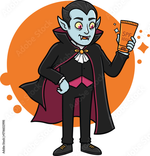 Funny vampire holding sunscreen, Halloween cartoon illustration, spooky Dracula character, horror monster design, vampire with SPF lotion, comic Halloween artwork, scary yet humorous vampire drawing