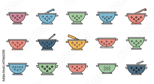 Vector set of colorful kitchen colanders with decorative hole patterns and utensils.