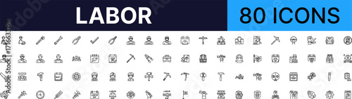 Labor set of web icons in line style. construction linear icon collection. containing worker, tools, calendar, pickaxe, and more. vector icons