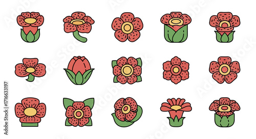 Vibrant Cartoon Rafflesia Flowers Icon Set with Red Petals and Green Bases.